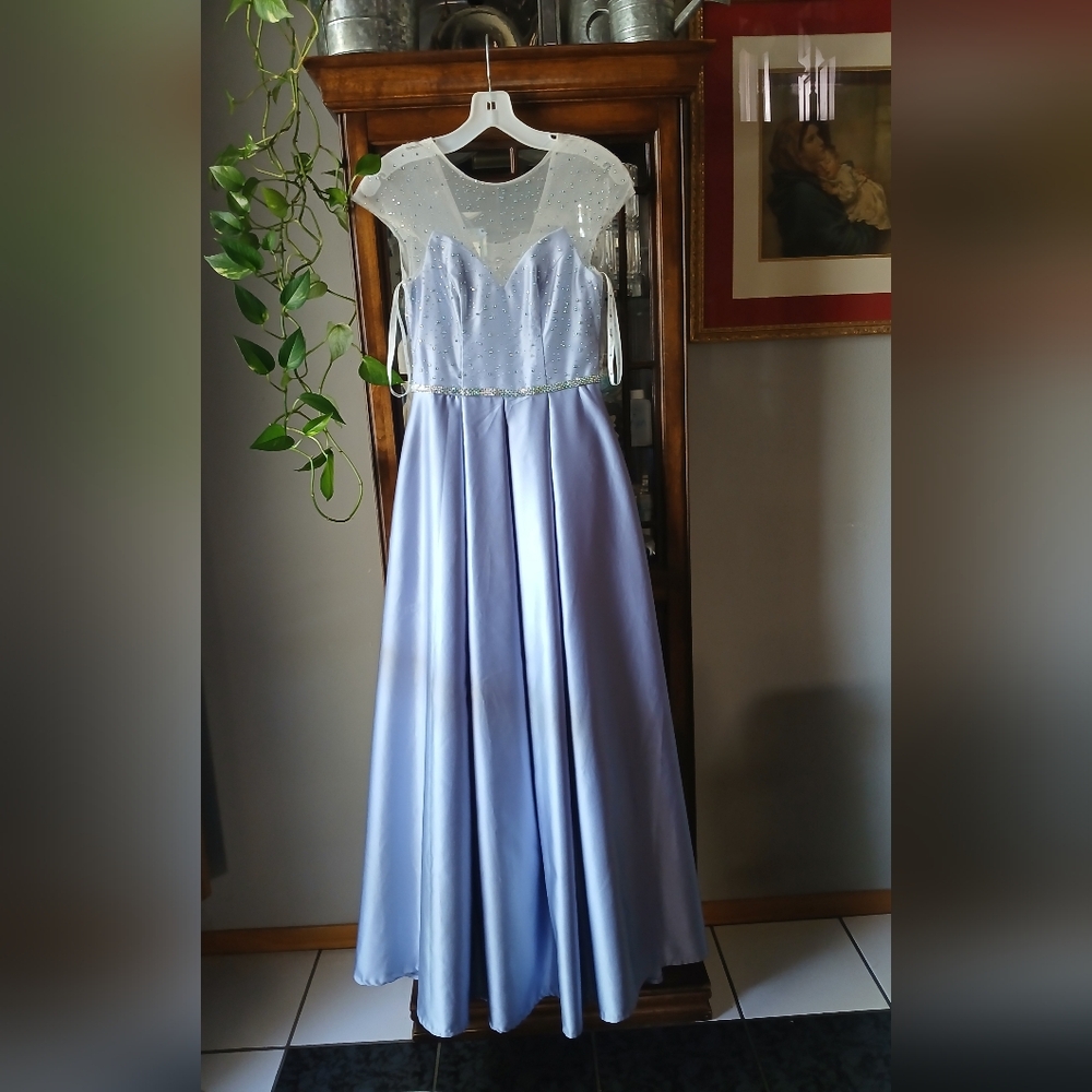 Blue Flowy Evening Floor-length Gown with Sheer Rhinestone Yoke